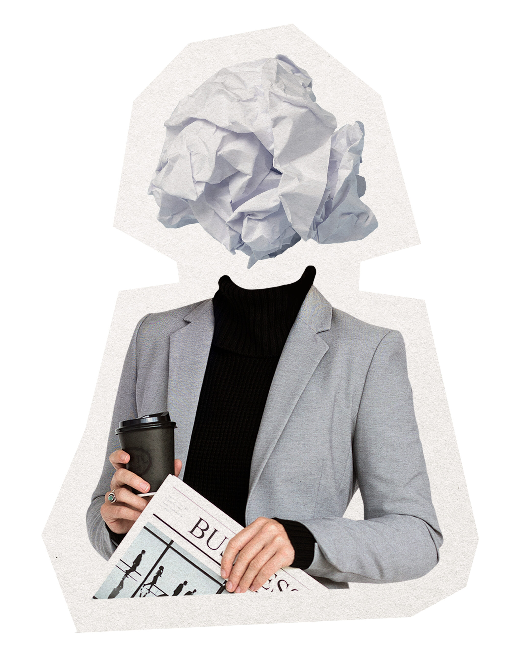 Crumpled paper png head businesswoman sticker, journalism, writer's block remixed media, transparent background